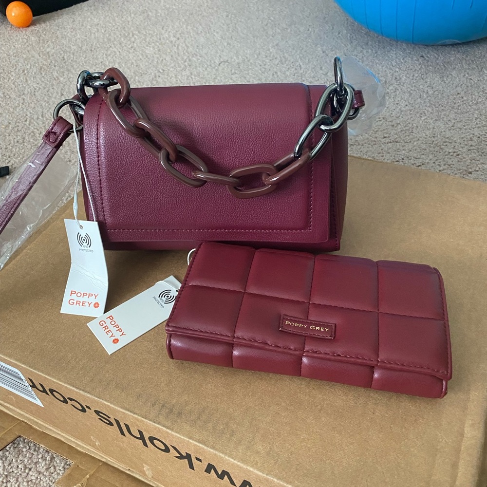 Poppy Grey burgundy Flap Crossbody bag and wallet with RFID